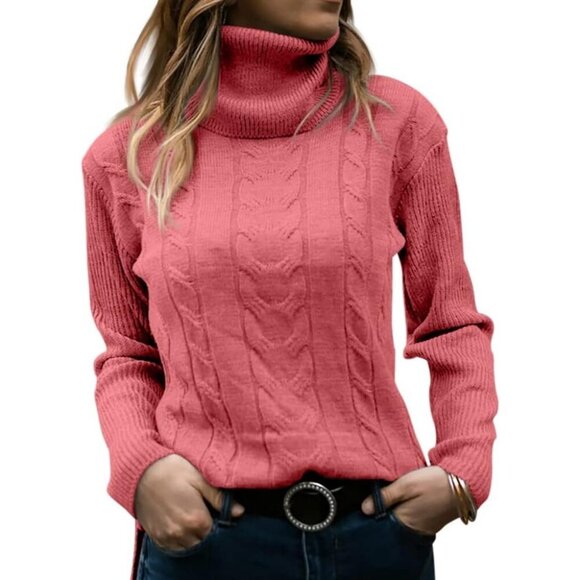 Womens Pink Pull On Cable Knit Turtleneck Long Sleeve Casual Warm Sweaters
